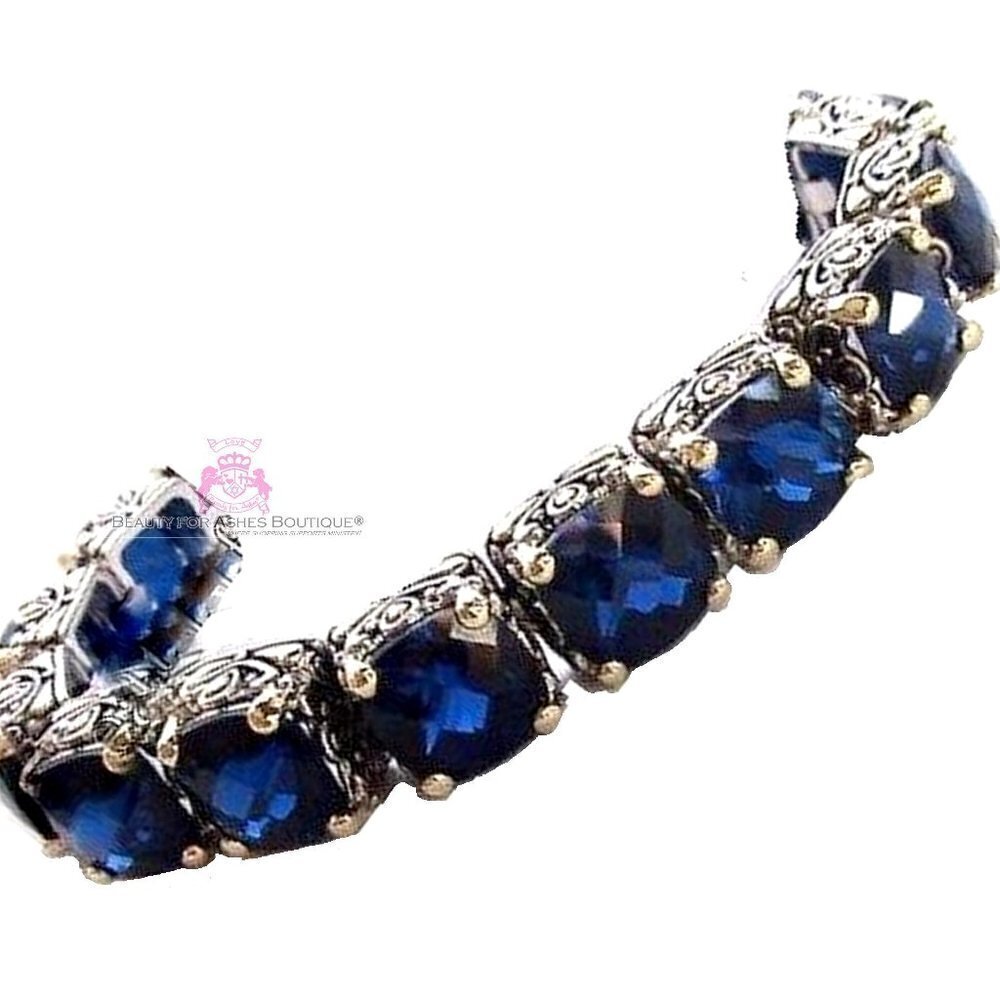Cubic Zirconia Checkerboard Cut Dk Sapphire Blue Throne Room Tennis Cz Bracelet 495$